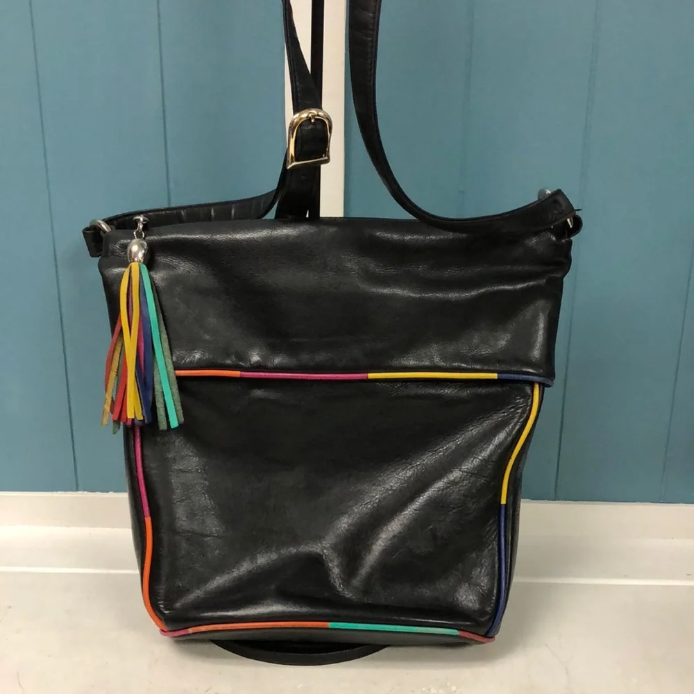 Vtg y2k 90’s rainbow color trim black leather‎ purse crossbody purse 11” x 9”